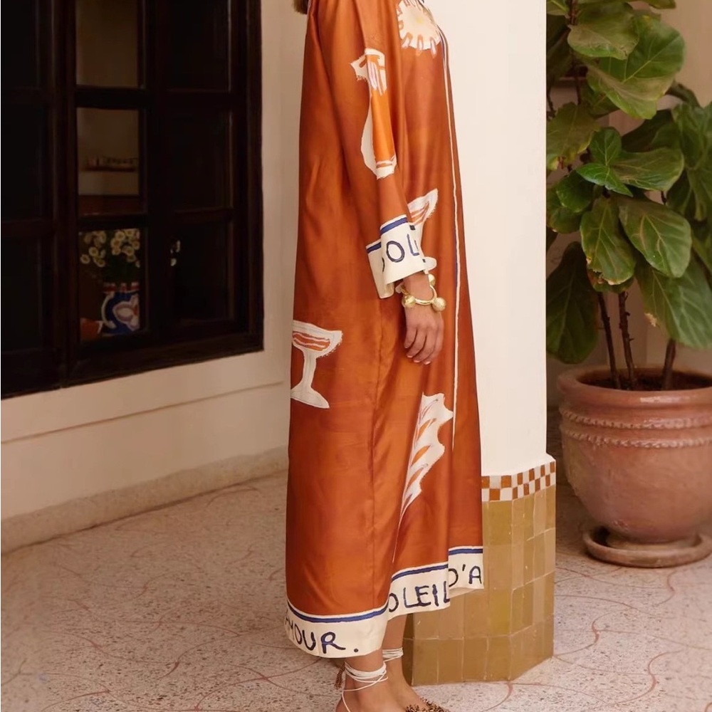 Zimmermann Rust Orange Printed Maxi Dress with Contrast Trim - Picture 2 of 3